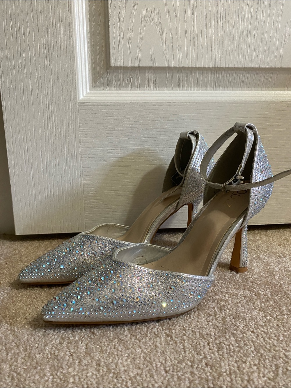 Sparkling Silver Pointed-Toe Ankle-Strap Heels
